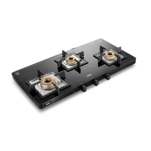 3 Burner Ultra Slim Glass Gas Stove with High Flame Forged Brass Burner - Manual/Auto Ignition (1035 US BL)