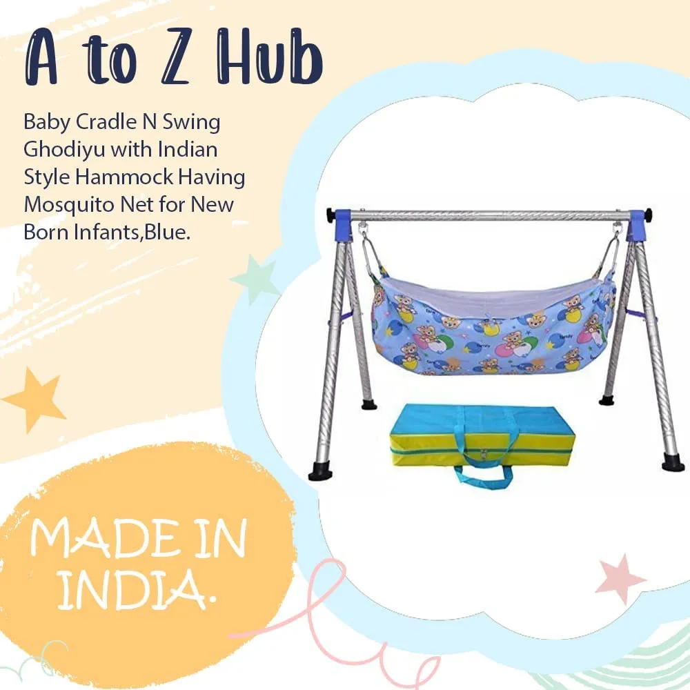 A TO Z HUB Baby Boy's and Girl's Portable Folding Swing Cradle/ghodiyu/parna/jhula, with Free Baby Cotton Hammock. (Super Folding Nri (Blue))