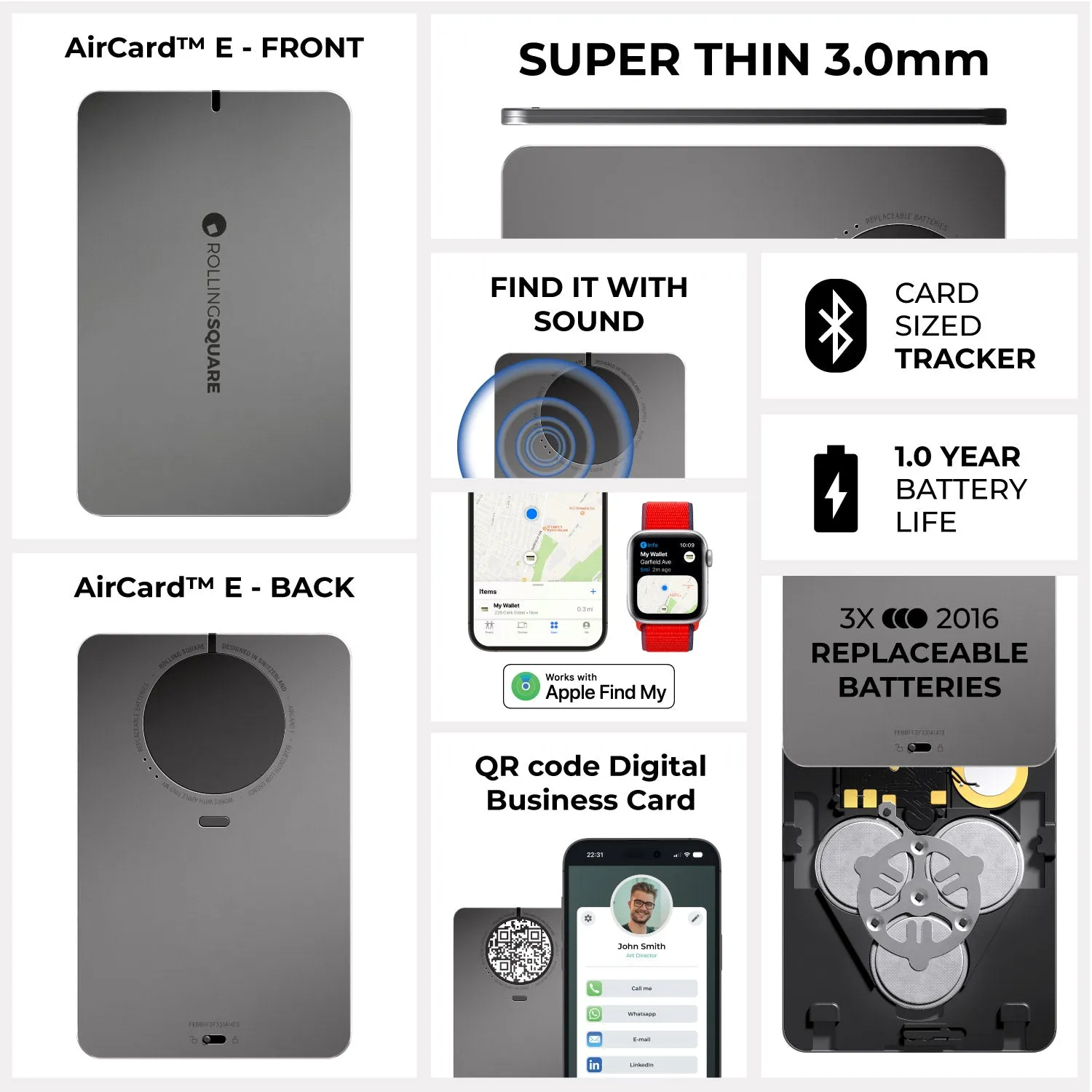 AirCard™ E - Wallet tracker, replaceable batteries