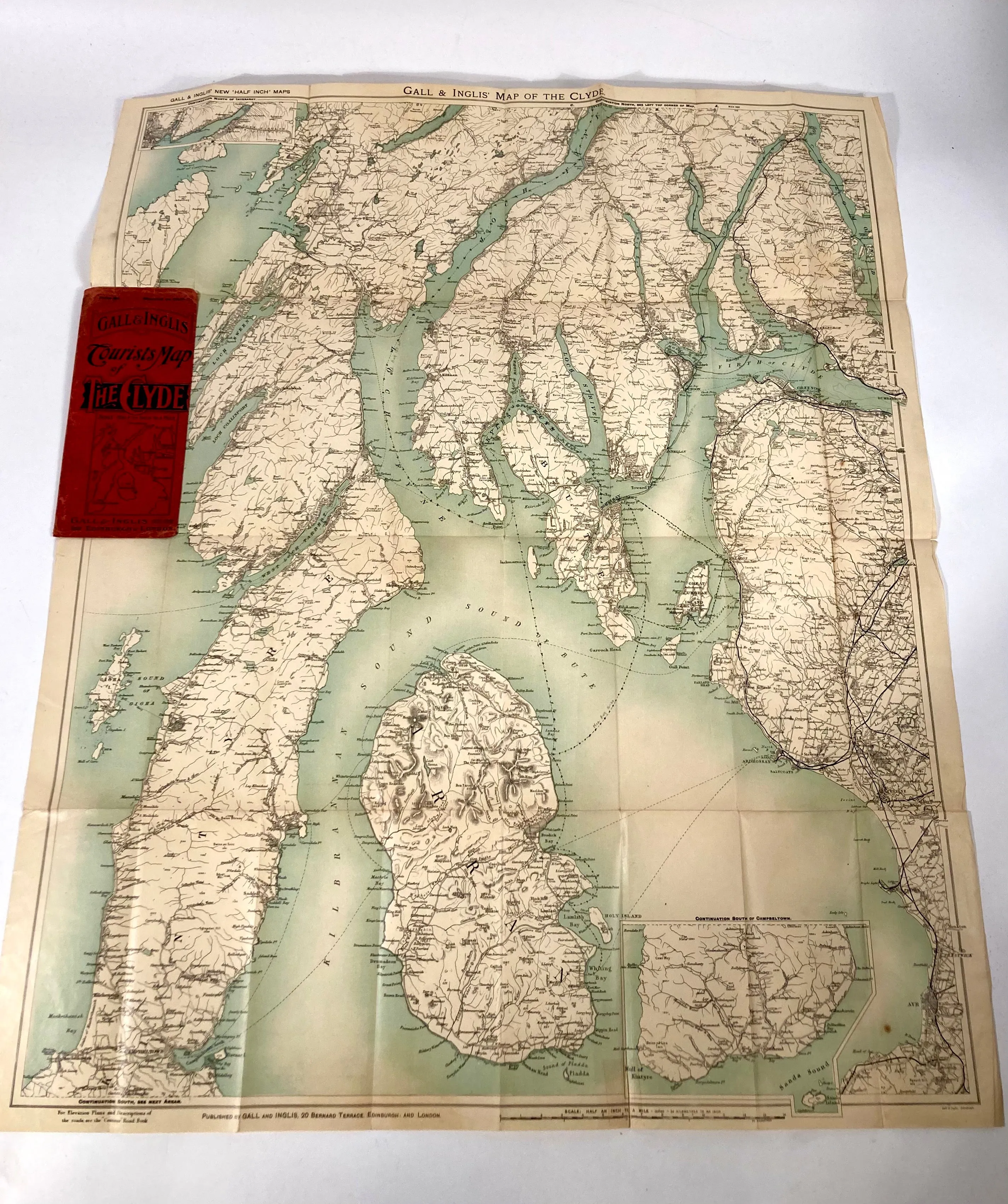 Antique 1920s Gall & Ingalis Tourists Map of The Clyde, Scotland, United Kingdom