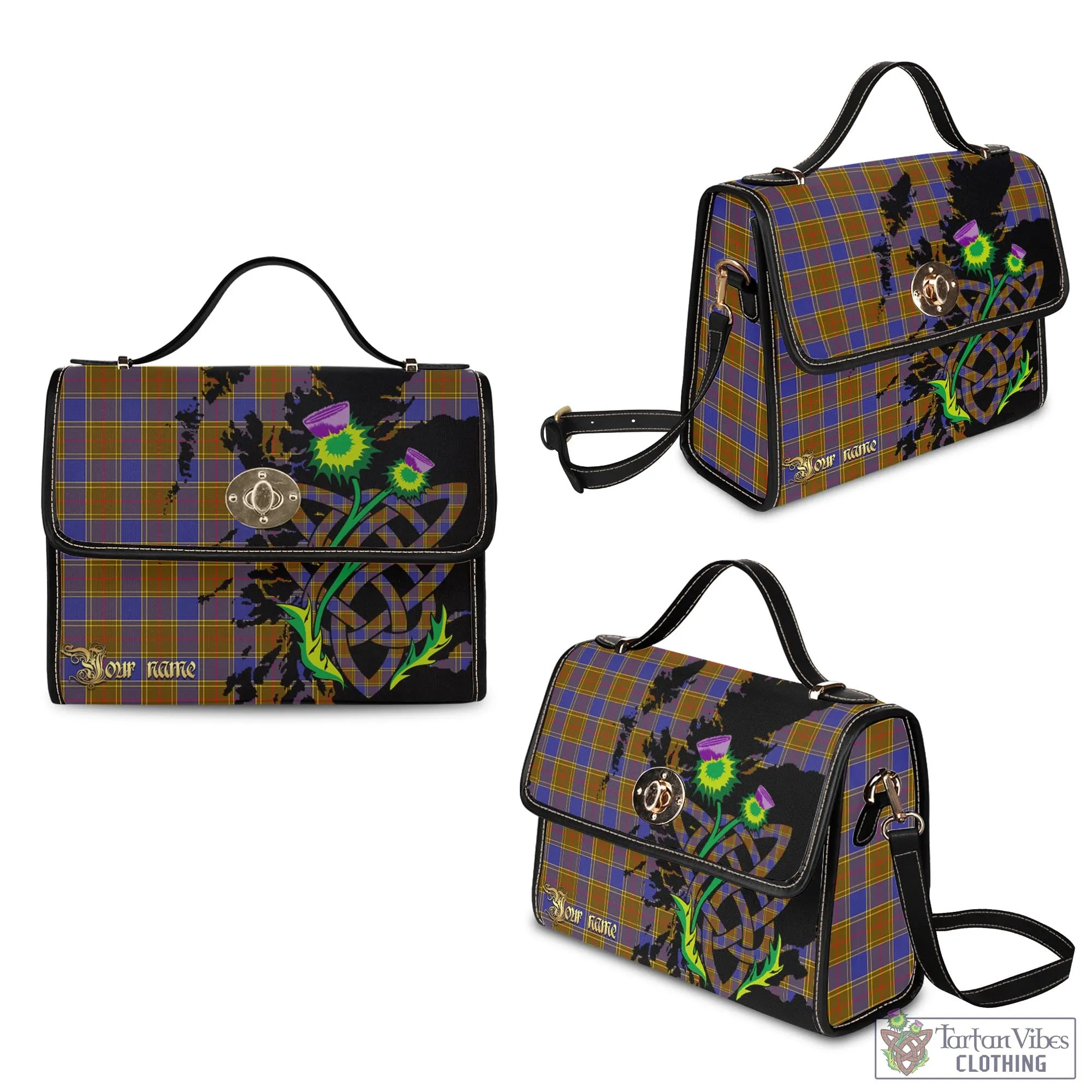 Balfour Tartan Waterproof Canvas Bag with Scotland Map and Thistle Celtic Accents