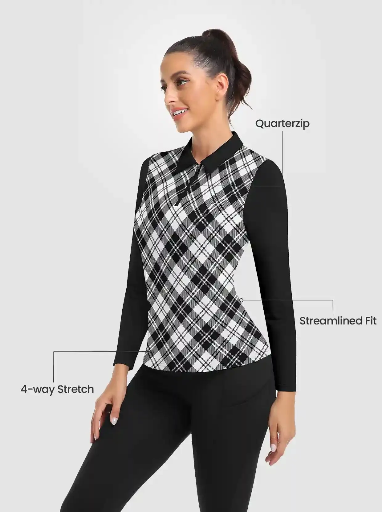 Black and Grey Checkerboard V-Neck Long-sleeve Fleece Top for Women