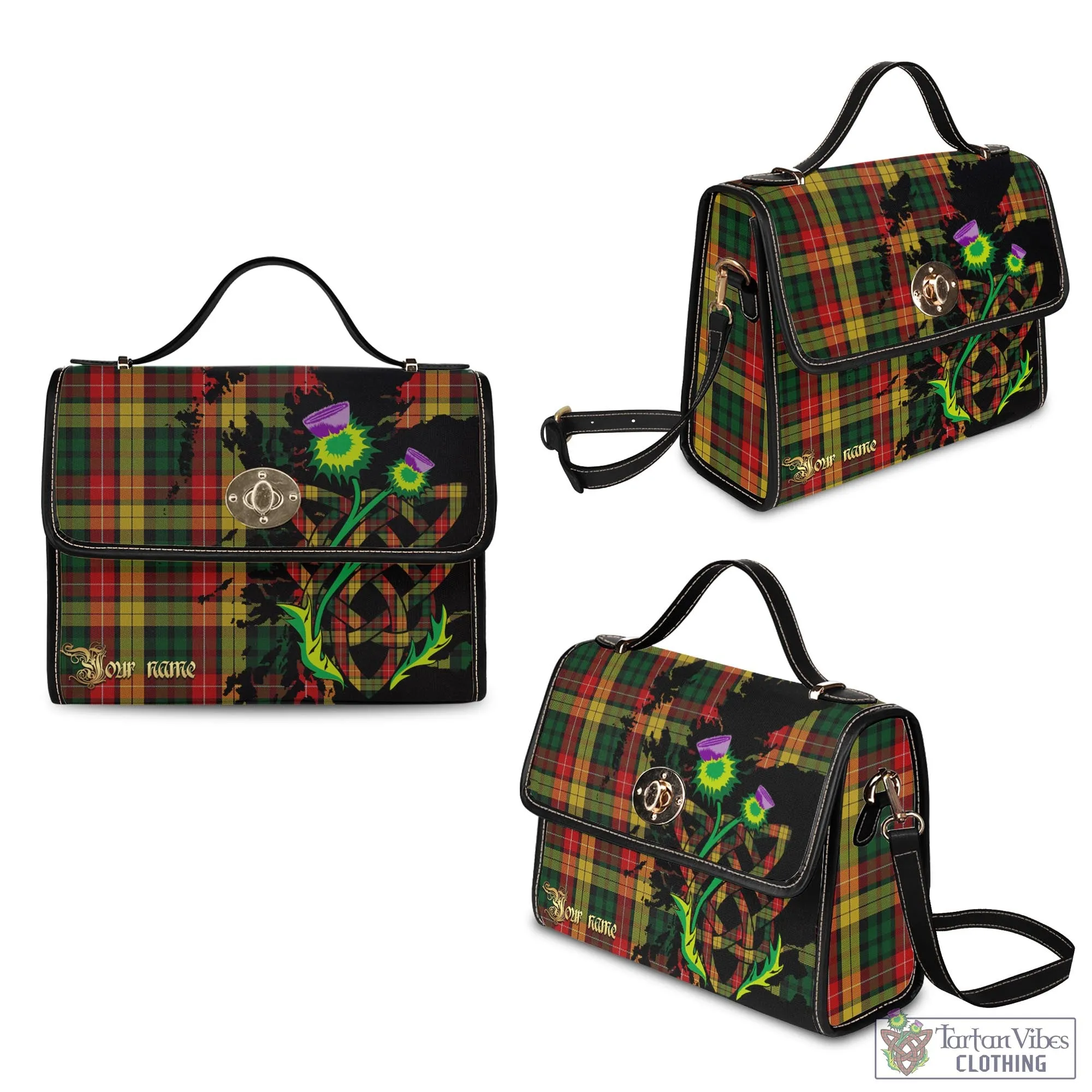 Buchanan Tartan Waterproof Canvas Bag with Scotland Map and Thistle Celtic Accents