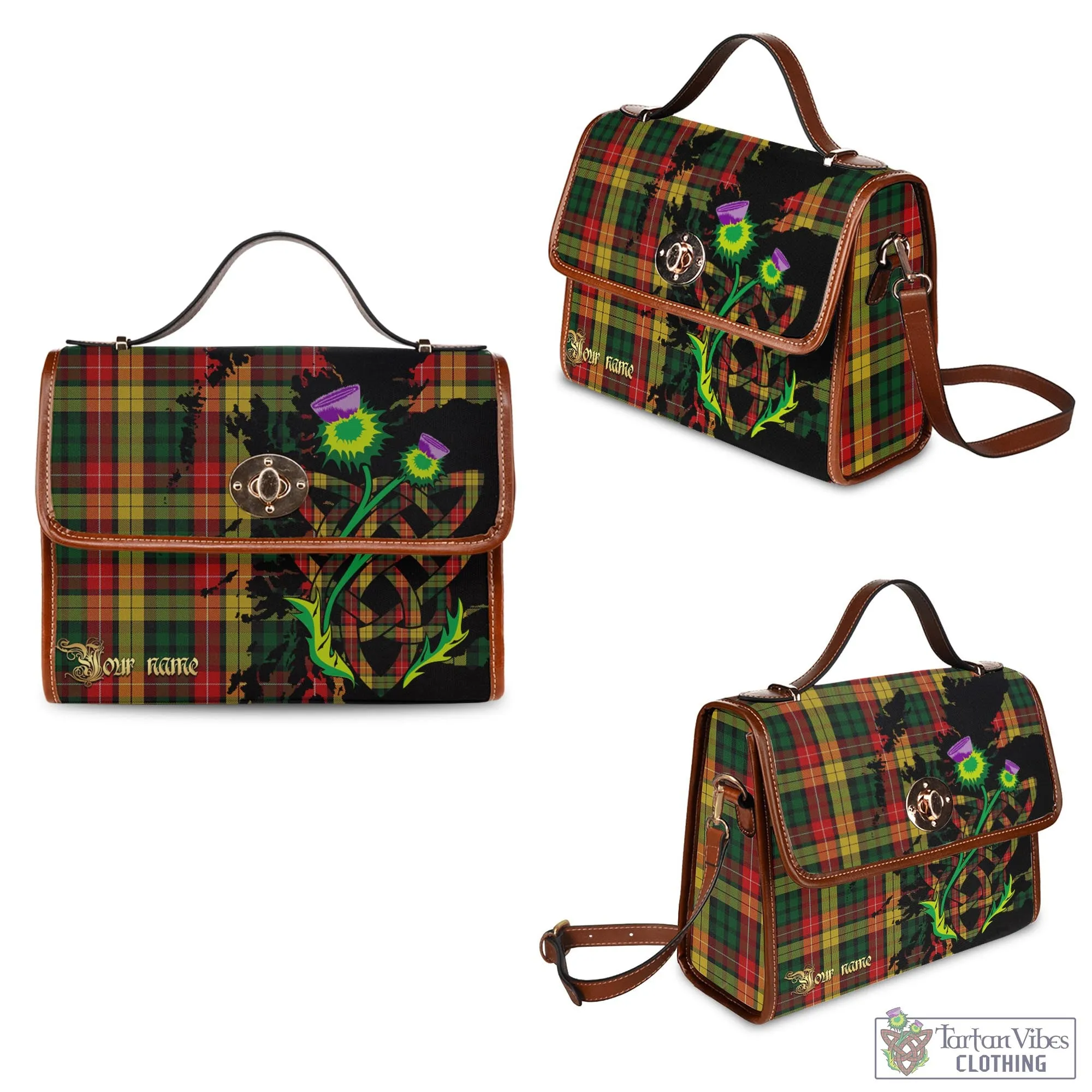 Buchanan Tartan Waterproof Canvas Bag with Scotland Map and Thistle Celtic Accents