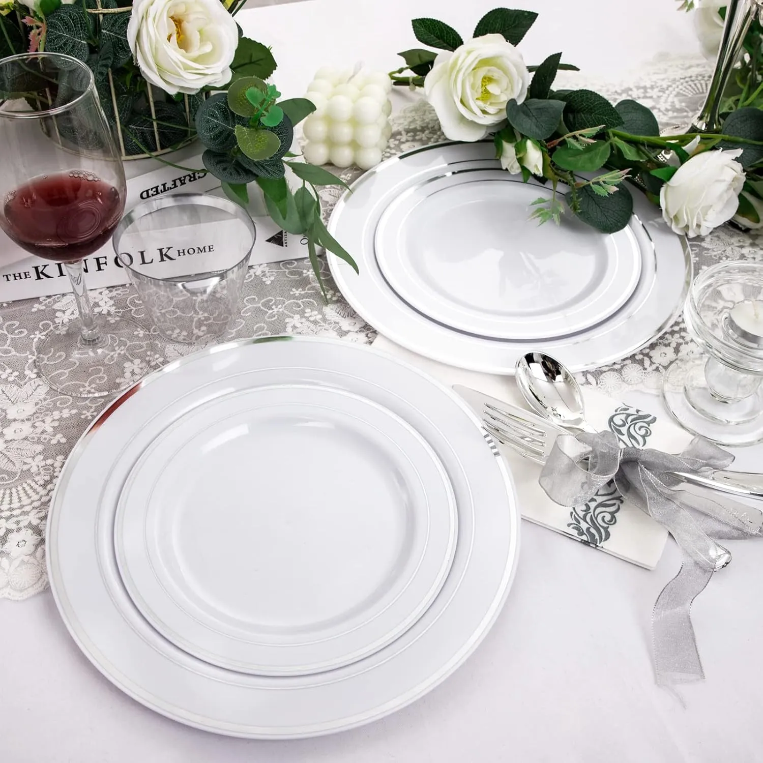 bUCLA 350PCS Silver Plastic Dinnerware Set for 50 Guests - Includes 50 Dinner Plates, 50 Dessert Plates, 50 Forks, 50 Knives, 50 Spoons, 50 Cups, 50 Napkins for Party & Christmas