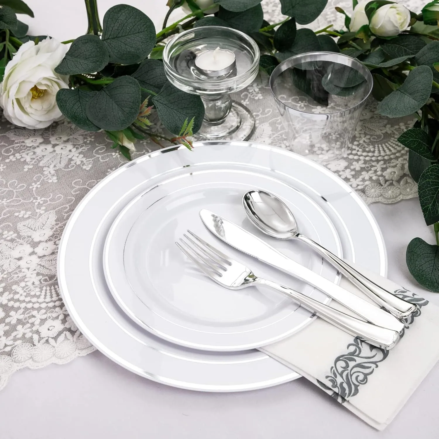 bUCLA 350PCS Silver Plastic Dinnerware Set for 50 Guests - Includes 50 Dinner Plates, 50 Dessert Plates, 50 Forks, 50 Knives, 50 Spoons, 50 Cups, 50 Napkins for Party & Christmas