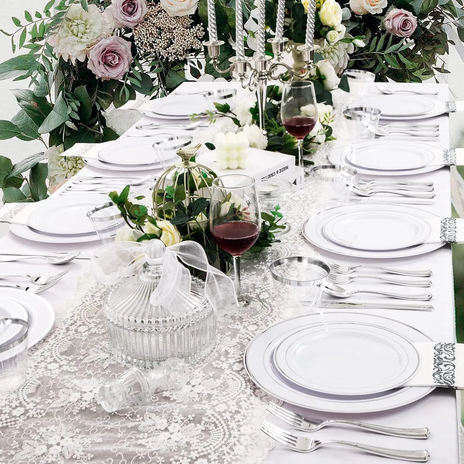 bUCLA 350PCS Silver Plastic Dinnerware Set for 50 Guests - Includes 50 Dinner Plates, 50 Dessert Plates, 50 Forks, 50 Knives, 50 Spoons, 50 Cups, 50 Napkins for Party & Christmas