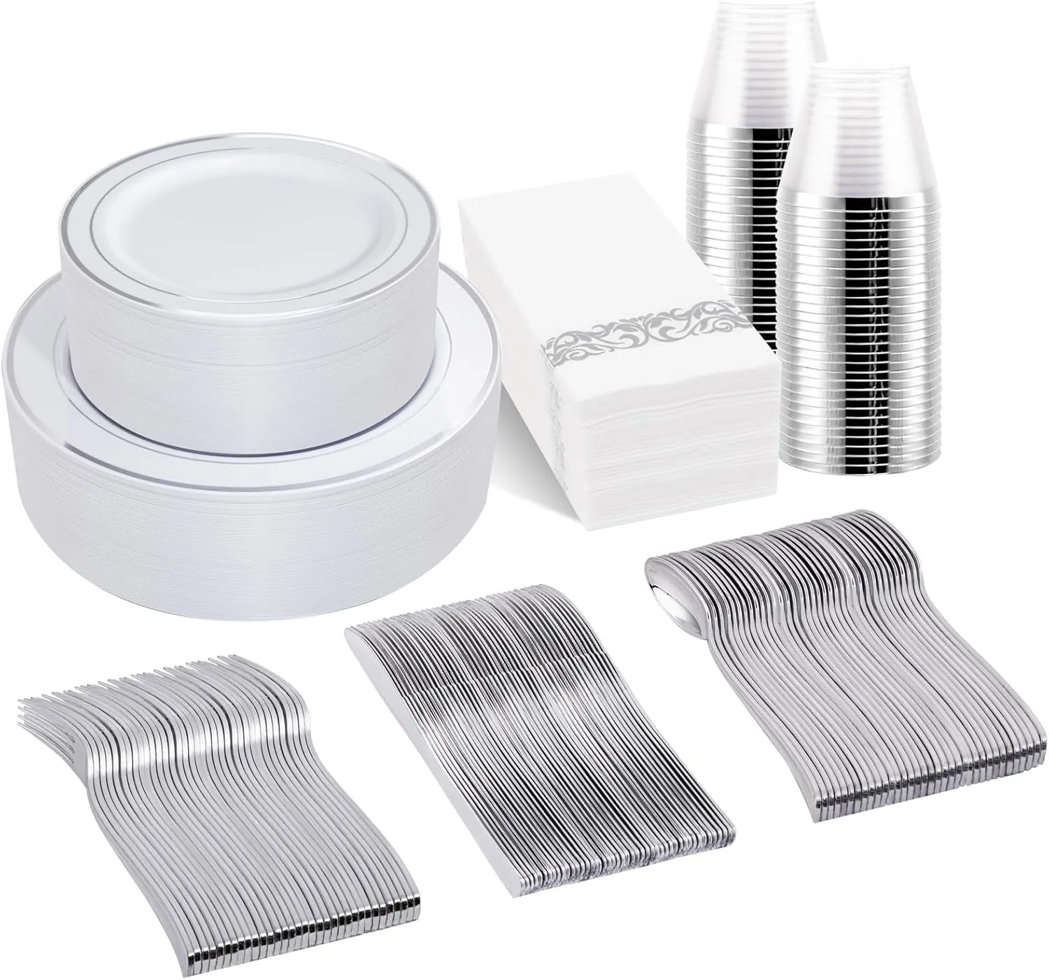 bUCLA 350PCS Silver Plastic Dinnerware Set for 50 Guests - Includes 50 Dinner Plates, 50 Dessert Plates, 50 Forks, 50 Knives, 50 Spoons, 50 Cups, 50 Napkins for Party & Christmas