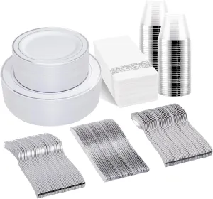 bUCLA 350PCS Silver Plastic Dinnerware Set for 50 Guests - Includes 50 Dinner Plates, 50 Dessert Plates, 50 Forks, 50 Knives, 50 Spoons, 50 Cups, 50 Napkins for Party & Christmas