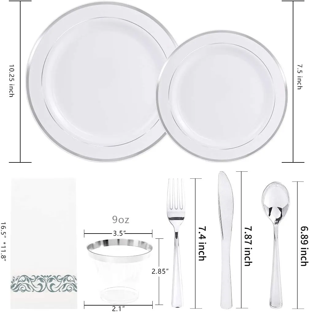 bUCLA 350PCS Silver Plastic Dinnerware Set for 50 Guests - Includes 50 Dinner Plates, 50 Dessert Plates, 50 Forks, 50 Knives, 50 Spoons, 50 Cups, 50 Napkins for Party & Christmas
