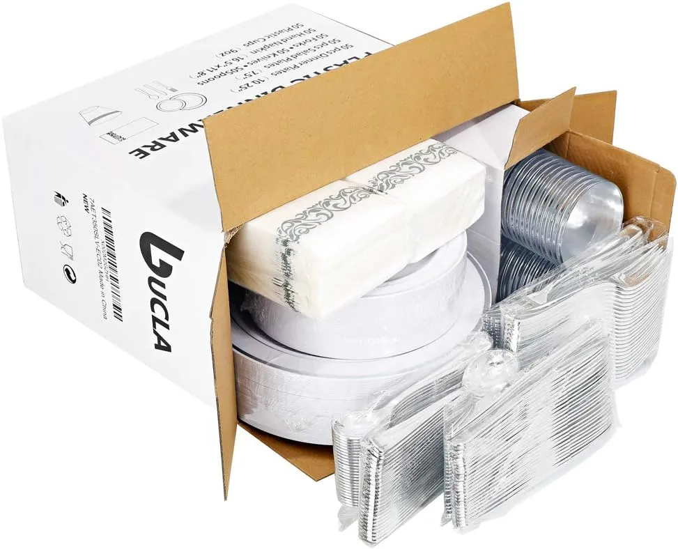 bUCLA 350PCS Silver Plastic Dinnerware Set for 50 Guests - Includes 50 Dinner Plates, 50 Dessert Plates, 50 Forks, 50 Knives, 50 Spoons, 50 Cups, 50 Napkins for Party & Christmas