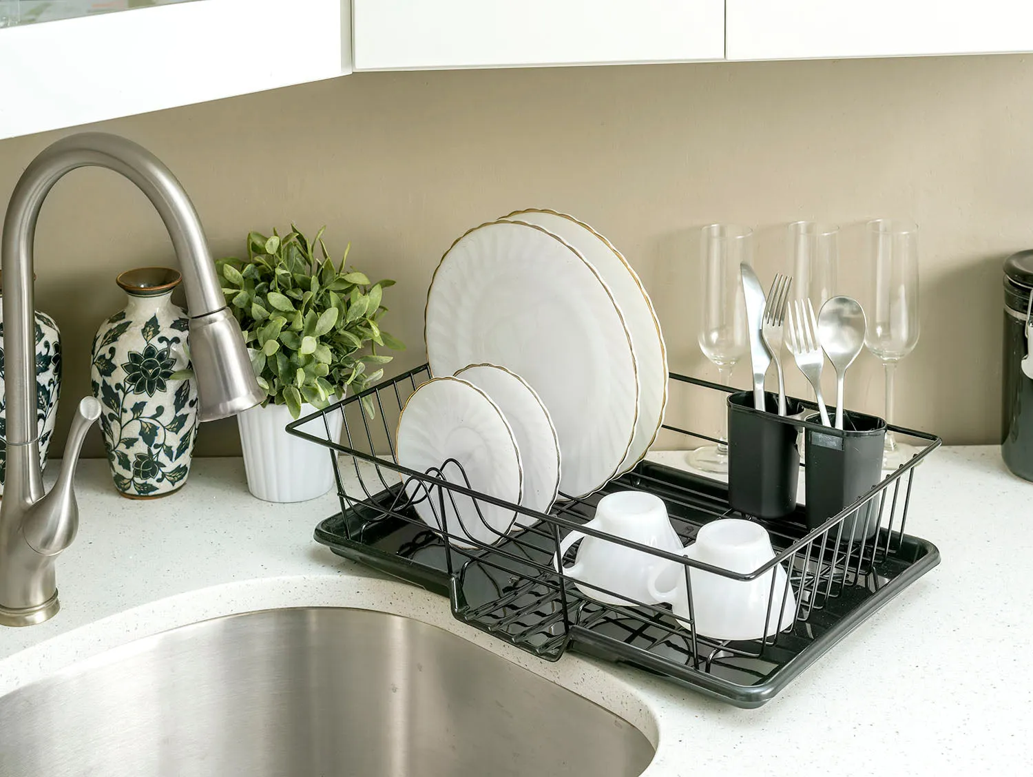 Home Basics 3-Piece Dish Drainer With Cutlery Holder, Black
