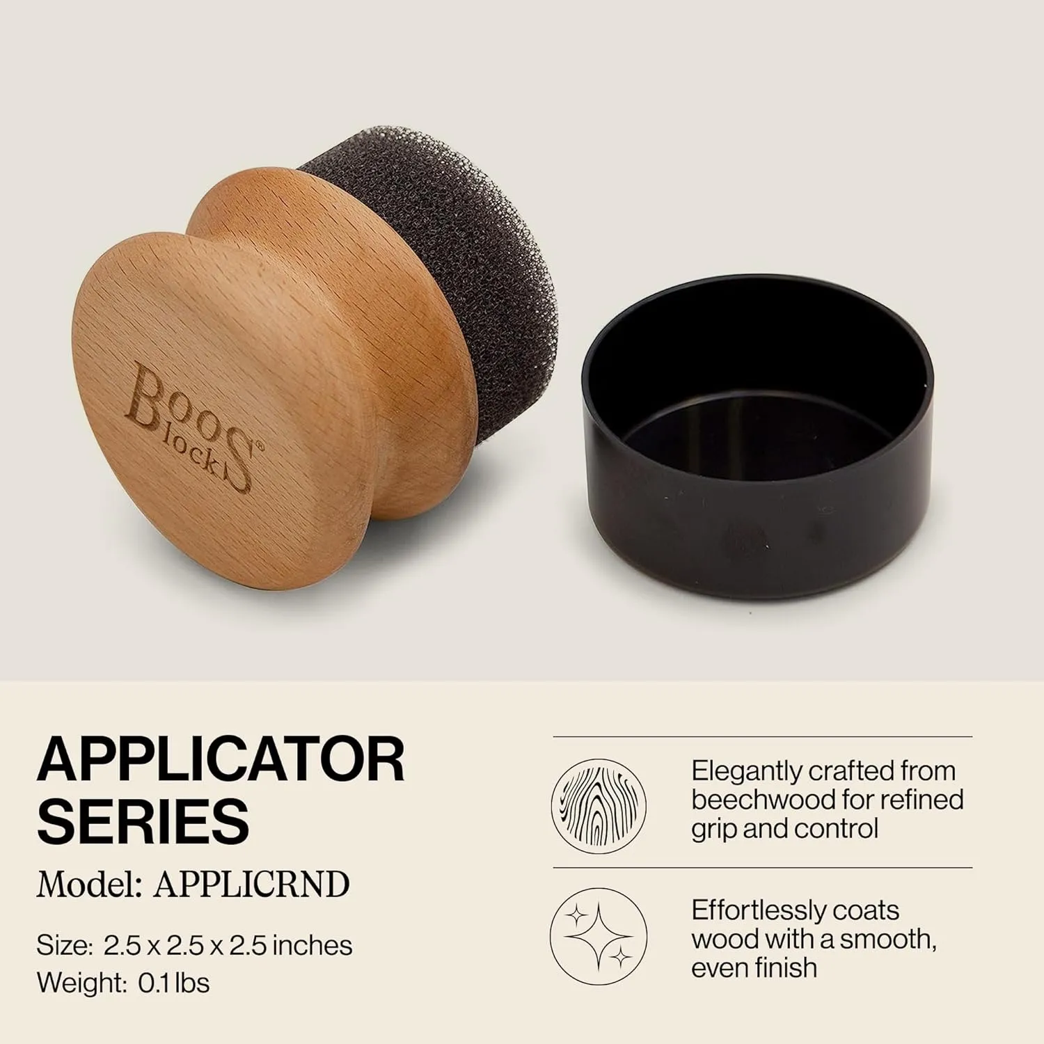 John Boos Oil & Cream Round Applicator for Wood Cutting Boards, Butcher Blocks & Utensils, Beechwood - Solid Hardwood Handle, Silver Ion-Treated Sponge, Storage Cap, Easy and Even Application