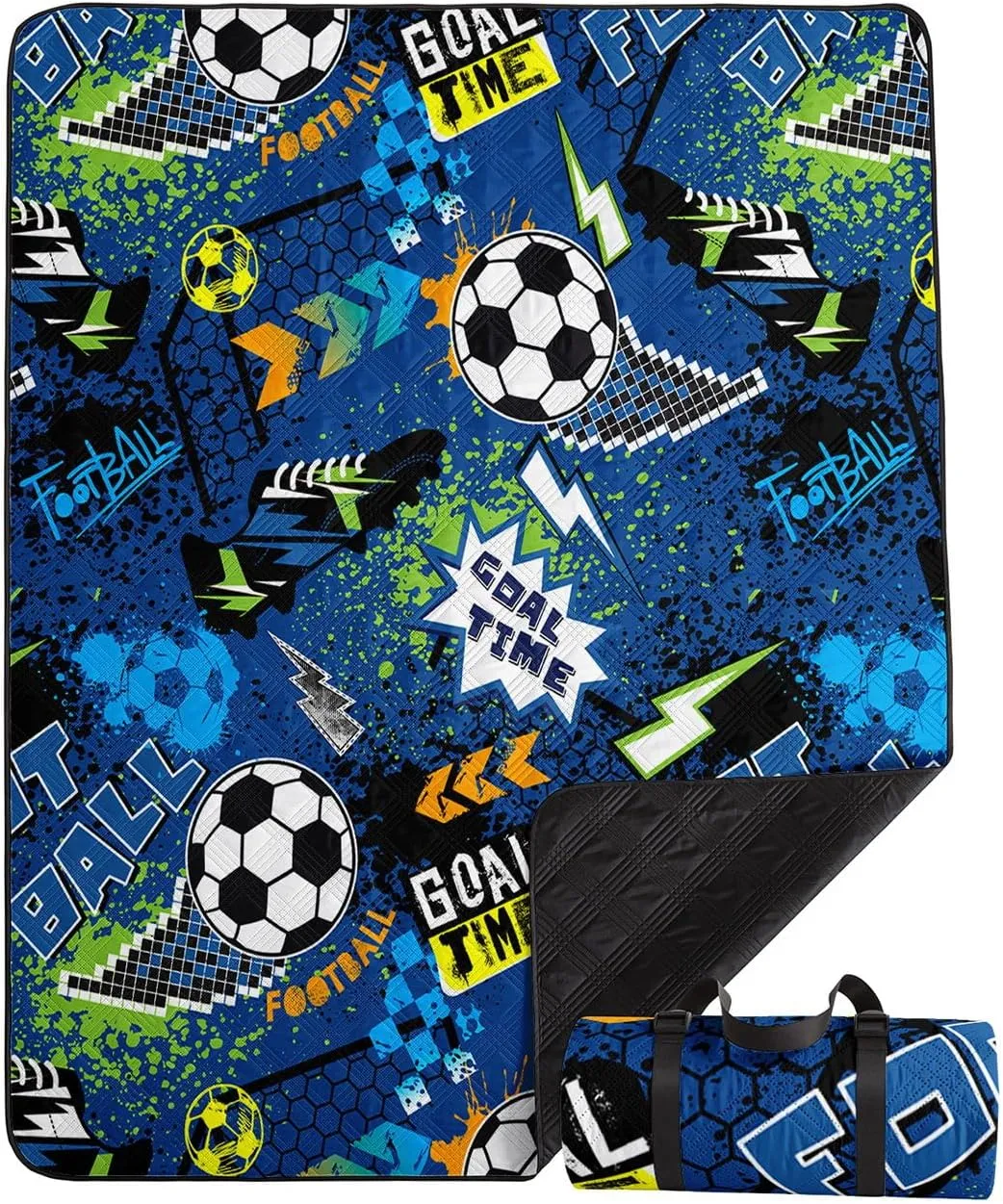 Outdoor Picnic Blanket,Portable Sandproof Waterproof Picnic Mat,Footballs Goal Time Printed Camping Beach Mat for Sand and Wet Grass Hiking (Footballs S)