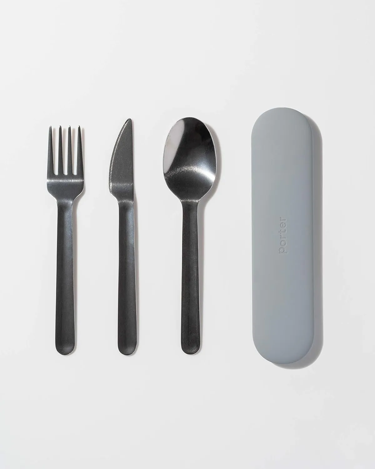 W&P Porter Stainless Steel Utensils with Silicone Carrying Case | Slate | Spoon, Fork & Knife for Meals on the Go | Portable and Compact Set